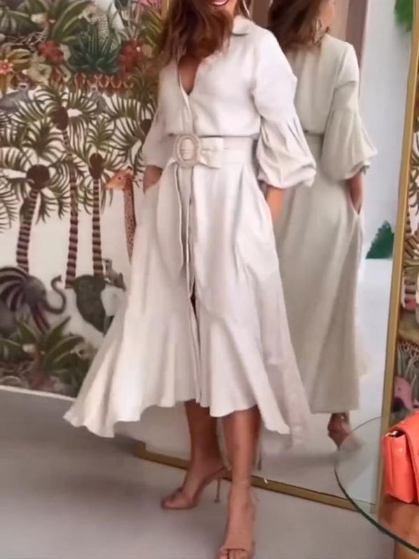 Robe longue plissée à ourlet plongeant, à manches bouffantes, à col revers, couleur unie
