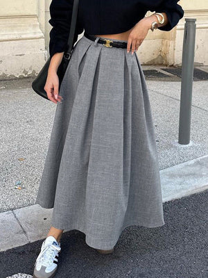 Jupe plissée coupe trapèze, taille haute, sans ceinture, couleur unie