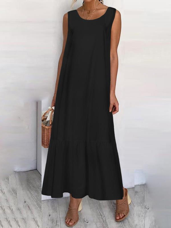 Robe longue ample transparente grande taille, à empiècements, à col rond, couleur unie