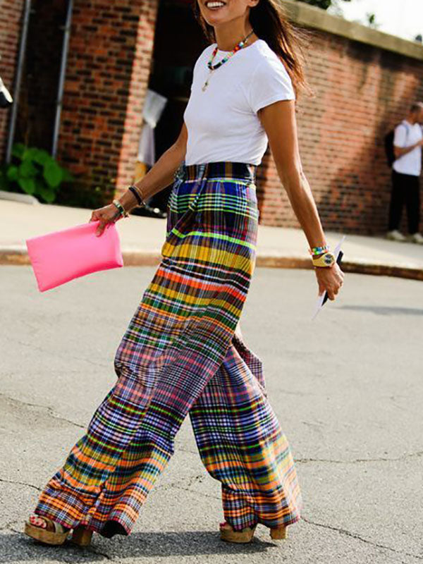 Pantalon élégant ample imprimé décontracté à jambes larges, à damier