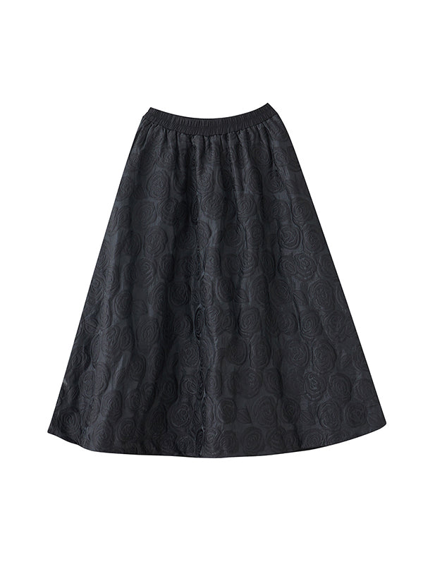 Jupe ample asymétrique coupe trapèze, à taille élastique, en jacquard, couleur unie