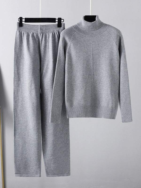 Pull urbain à manches longues, ample, uni, demi-col roulé, hauts & pantalons à jambes larges, ensemble deux pièces
