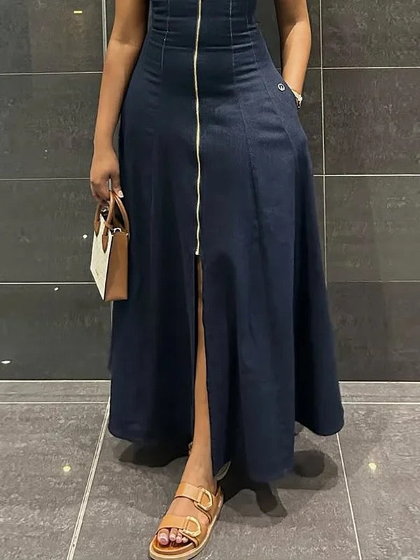 Robe longue ample fendue devant taille haute, à fermeture éclair, à col en V, couleur unie