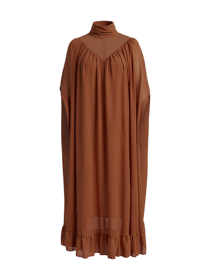Robe longue superposée plissée volantée transparente style cape, à coupe irrégulière, à empiècements, à col haut, couleur unie