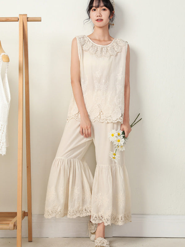 Pantalon évasé ample brodé vintage, taille haute, à jambes larges