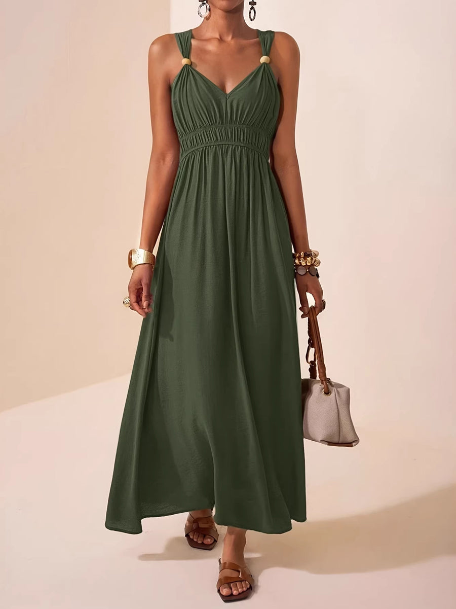 Robe longue ample plissée coupe trapèze, à fines bretelles, couleur unie