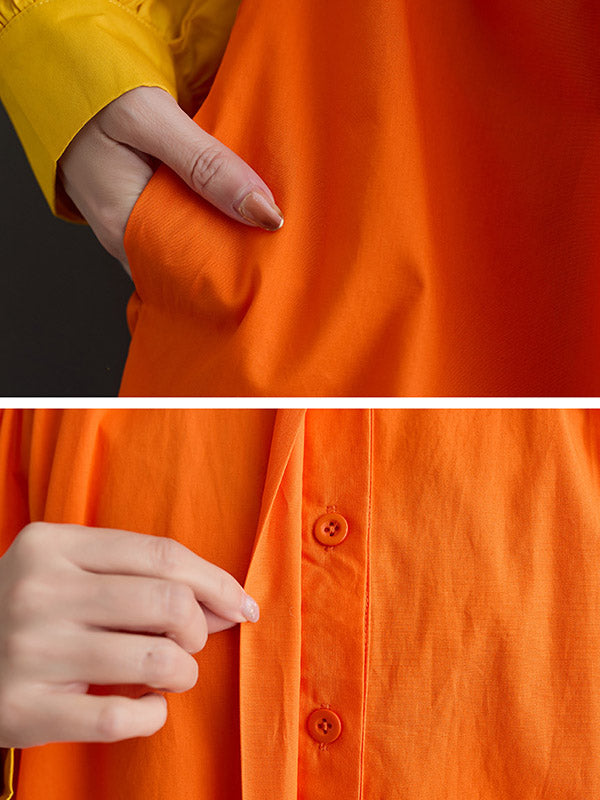 Robe chemise ample plissée à manches bouffantes, à empiècements, à col revers, couleur contrastée