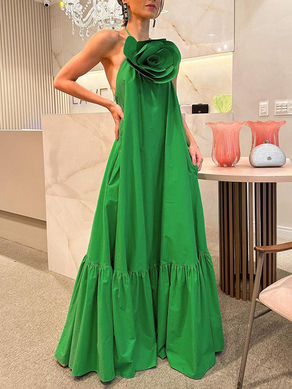 Robe longue plissée ample à fleurs en 3D, à poches, dos nu, sans manches, à col licou, couleur unie