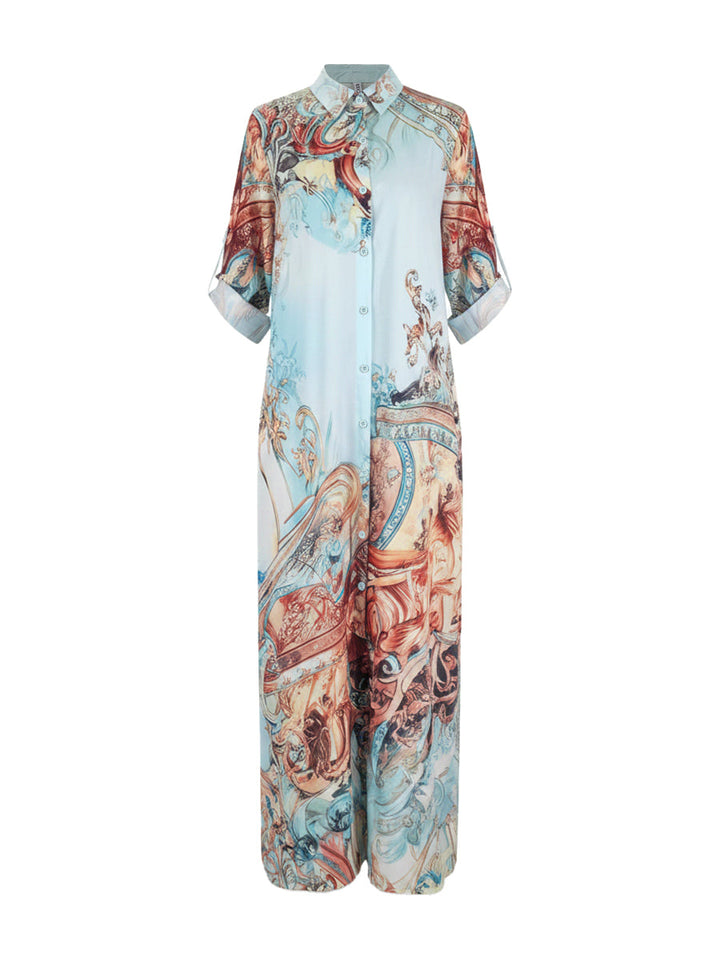 Robe chemise ample boutonnée imprimée à col revers, couleur contrastée