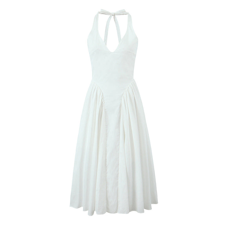 Viviana - Robe midi fluide avec décolleté en V et col halter