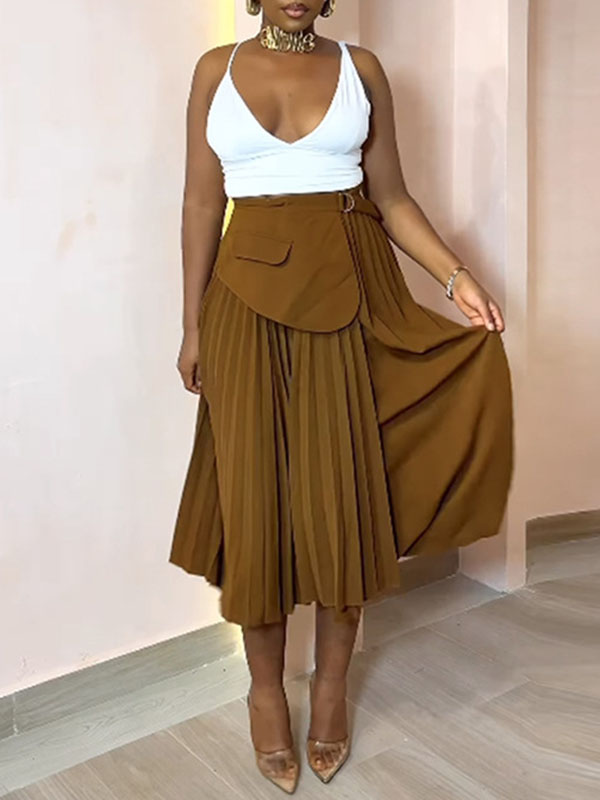 Jupe asymétrique plissée coupe trapèze, taille haute, à empiècements, couleur unie