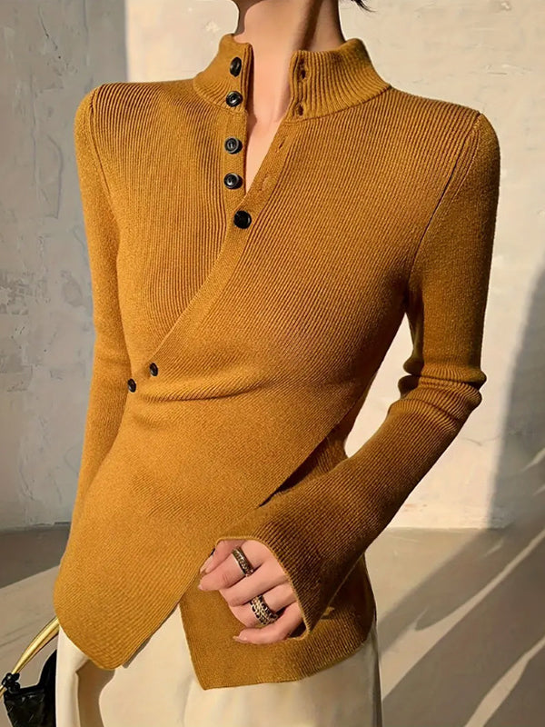 Pull asymétrique fendu devant à manches longues, à empiècements, à col en V