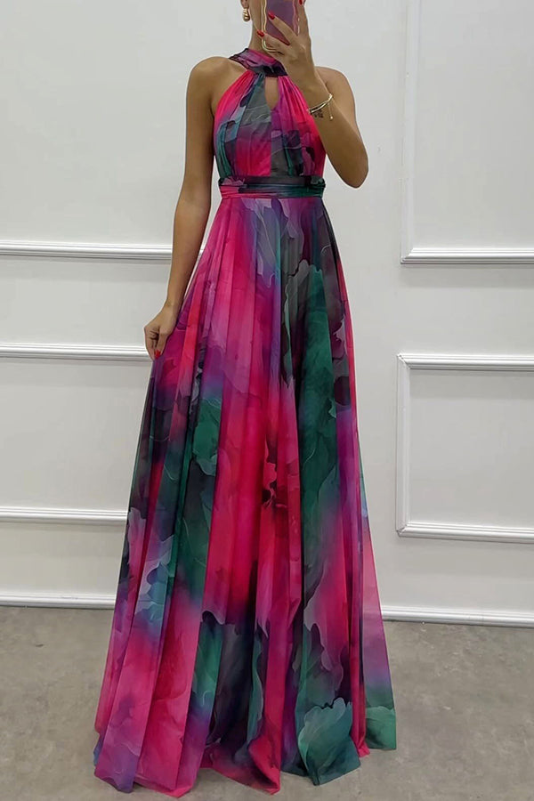 Elaine - Robe maxi en tulle avec imprimé floral, découpes et col halter