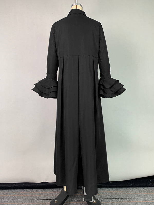 Robe chemise plissée à manches évasées, à empiècements, à col revers, couleur unie