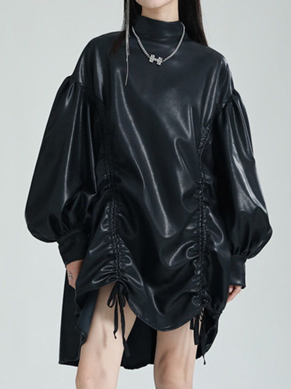 Robe courte plissée à ourlet plongeant, à manches longues, à cordon de serrage, à col montant, couleur unie