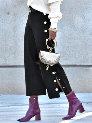 Pantalon ample boutonné taille haute, sans ceinture