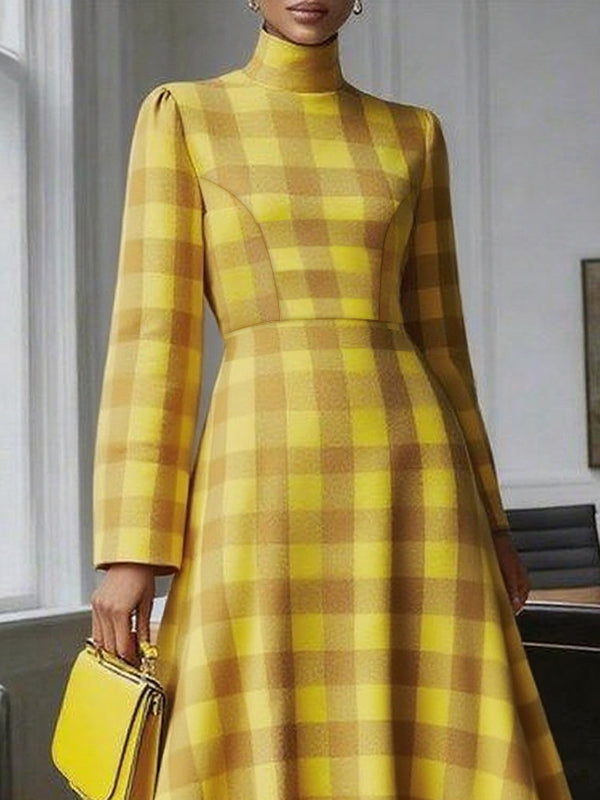 Robe mi-longue coupe trapèze, taille haute, à carreaux, à col haut, couleur contrastée