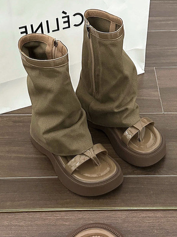 Bottes à fermeture éclair creuses à empiècements et à bout fendu, chaussures à plateforme, sandales