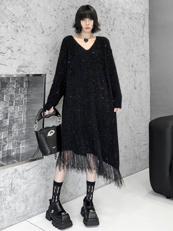 Robe pull brillante à coupe irrégulière, à manches longues, à sequins, à empiècements, à pompons, à col en V, couleur contrastée