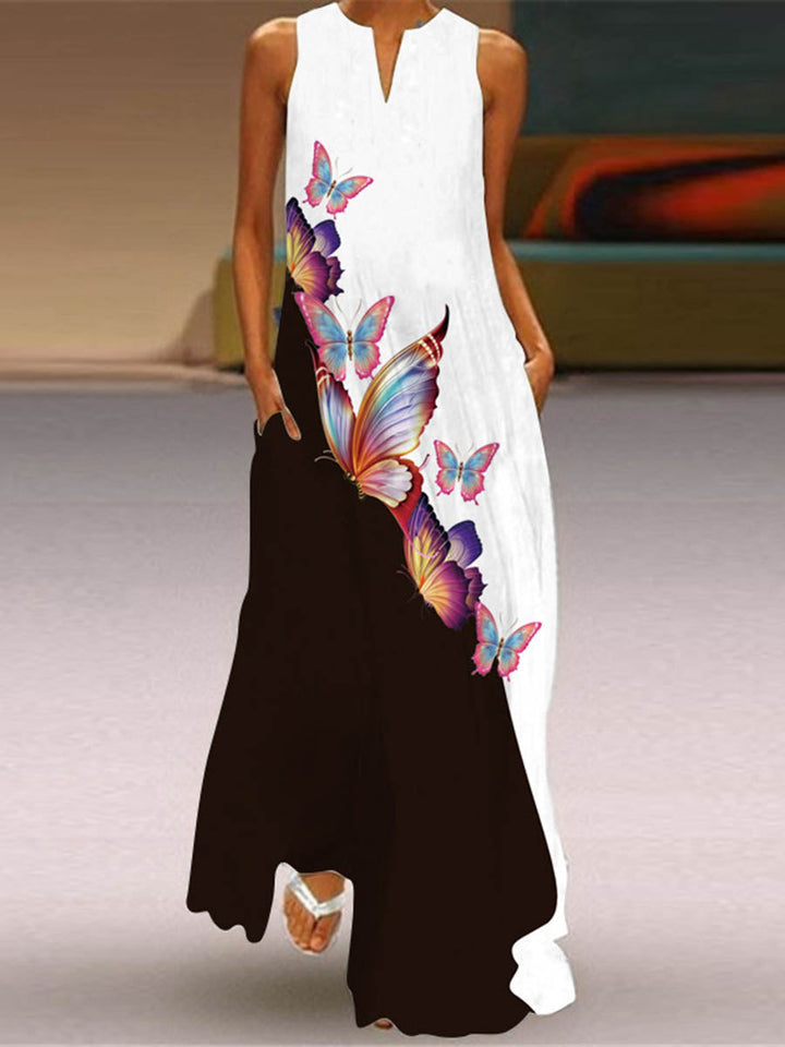 Robe longue ample imprimée coupe trapèze, à poches, à empiècements, à col en V, couleur contrastée