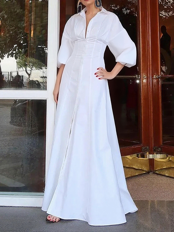 Robe longue boutonnée taille haute, à manches longues, à col revers, couleur unie