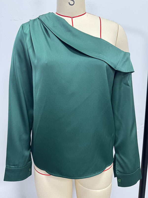 Chemisier plissé à manches longues, coupe près du corps, à empiècements, asymétrique à une épaule, couleur unie