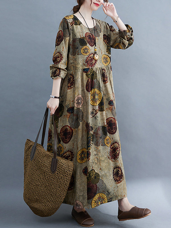 Robe longue artistique ample imprimée rétro, à manches longues, à col rond