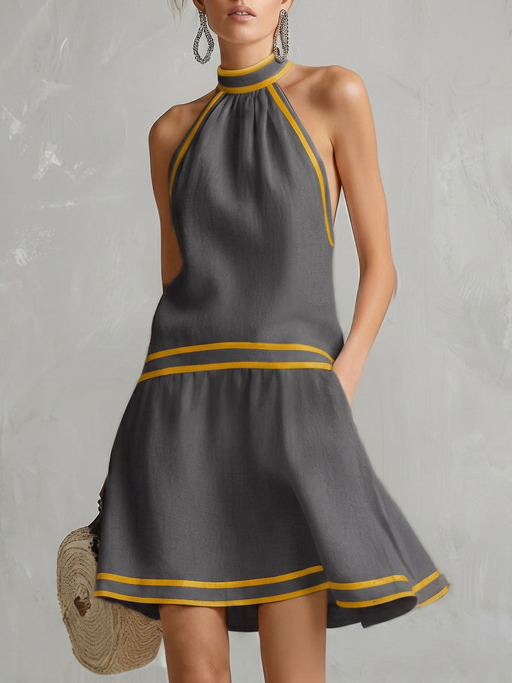Robe courte sans manches, à poches, à fermeture éclair, à col licou, couleur contrastée