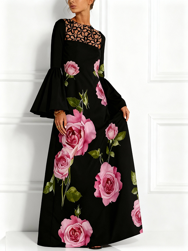 Robe longue ajourée à manches évasées, à manches longues, à imprimé floral, à empiècements, à col rond, couleur contrastée