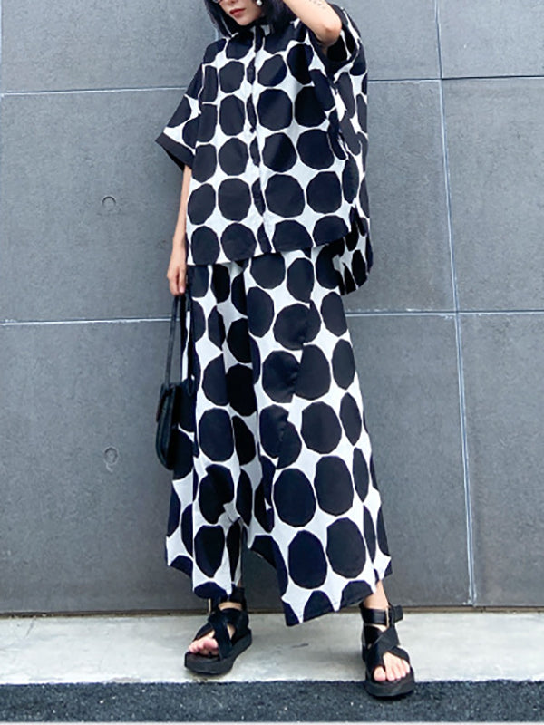 Ensemble deux pièces boutonné à manches chauve-souris, à pois, à col rond, à taille élastique, à poches – chemise + haut + sarouel + pantalon