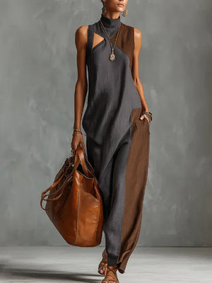 Robe longue ample asymétrique sans manches, à poches, à empiècements, à col cheminée, couleur contrastée