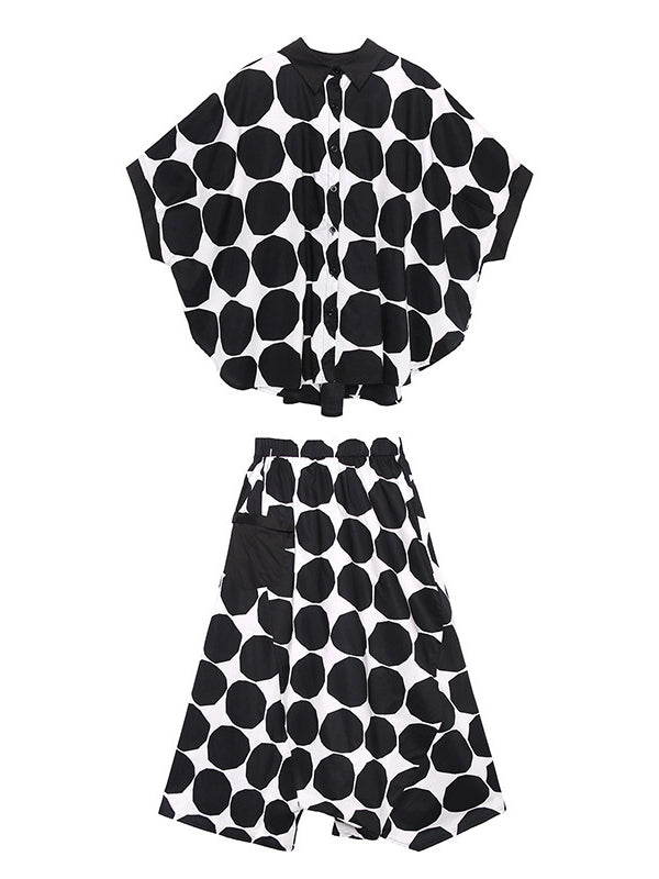 Ensemble deux pièces boutonné à manches chauve-souris, à pois, à col rond, à taille élastique, à poches – chemise + haut + sarouel + pantalon
