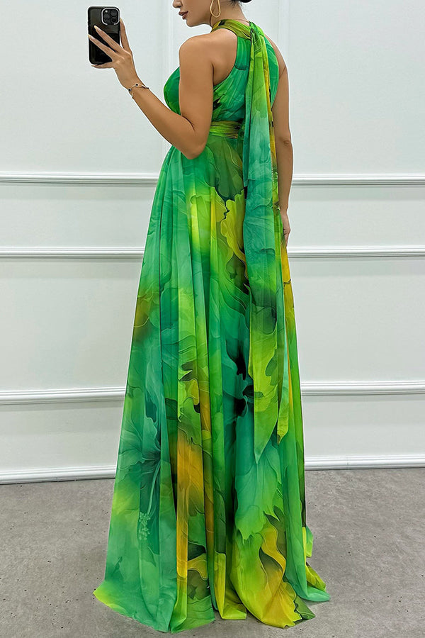 Elaine - Robe maxi en tulle avec imprimé floral, découpes et col halter