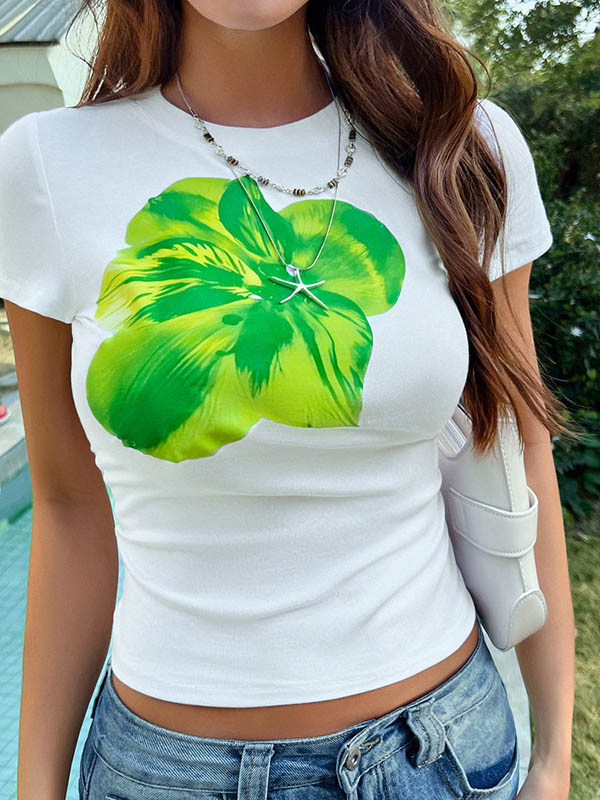 T-shirt à manches courtes, coupe près du corps, à imprimé floral, à col rond