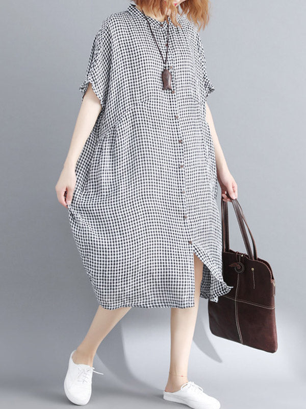 Robe mi-longue artistique ample boutonnée rétro, à empiècements, à carreaux, à col montant, à manches mi-longues