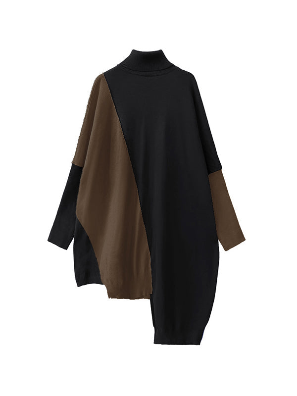 Robe pull mi-longue asymétrique à manches chauve-souris et col haut, couleur contrastée