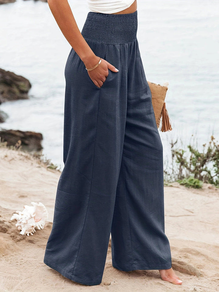 Pantalon plissé à taille élastique, taille haute, à poches, à empiècements, couleur unie