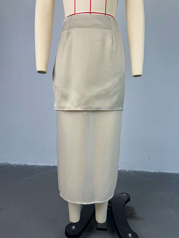 Ensemble deux pièces ample transparent à manches longues, à col revers, couleur unie – chemisier + jupe
