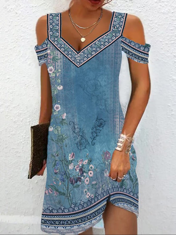 Robe courte ajourée coupe trapèze, taille haute, à imprimé floral, à épaules ajourées