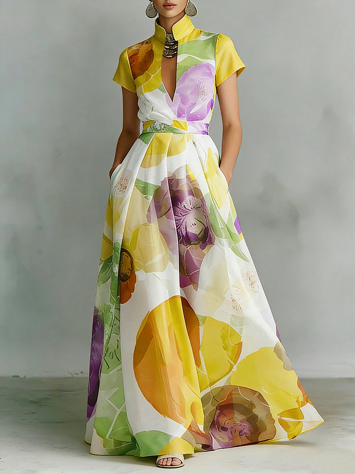 Robe longue ample plissée imprimée coupe trapèze, à poches, à fermeture éclair, à col montant
