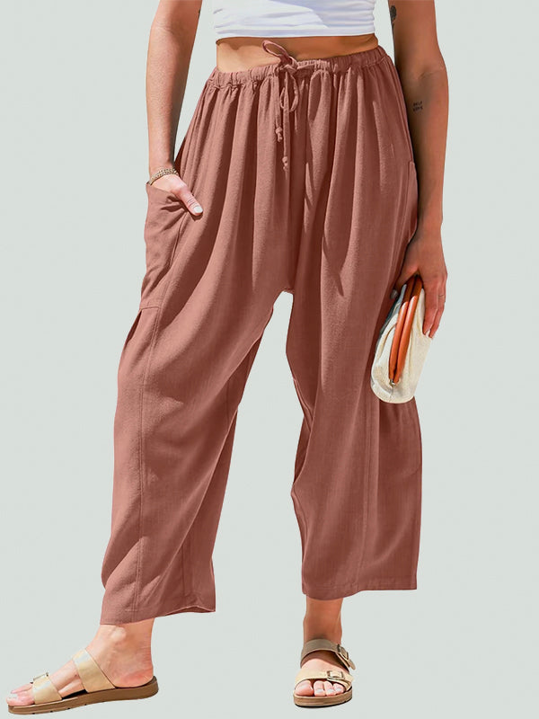 Pantalon ample décontracté coupe droite, à taille élastique, à poches, couleur unie
