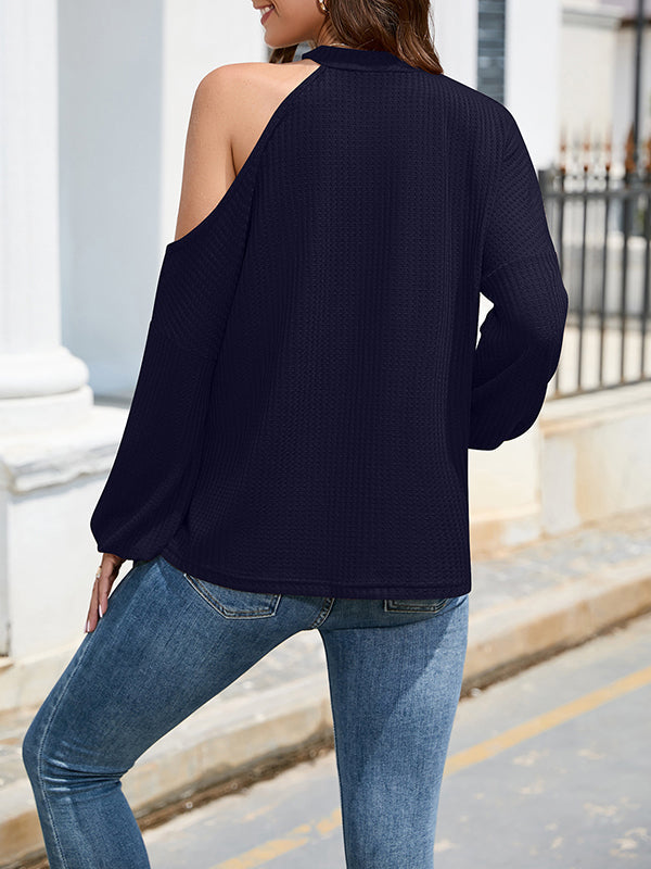 Chemise ample ajourée asymétrique à une épaule, couleur unie