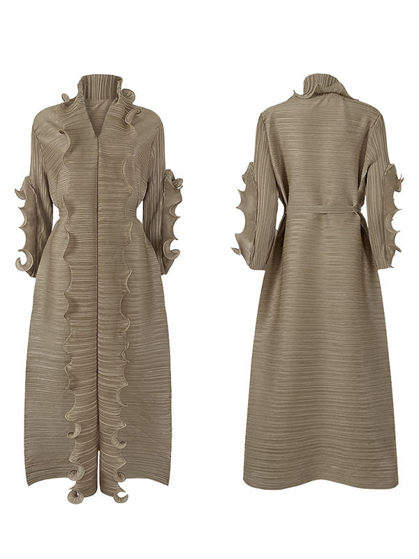 Robe longue ample nouée plissée à manches longues, à falbalas, à col en V, couleur unie