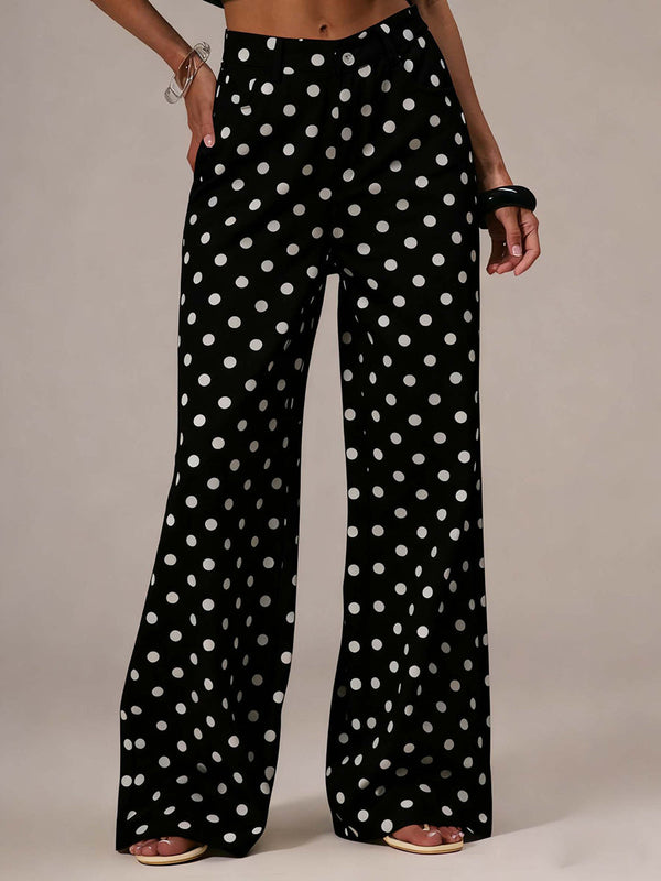 Pantalon boutonné taille haute, à jambes larges, sans ceinture, à pois, à fermeture éclair, couleur contrastée