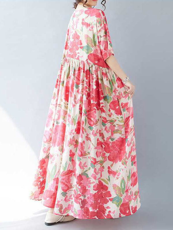 Robe mi-longue plissée coupe trapèze, à manches chauve-souris, à imprimé floral, à empiècements, à col rond