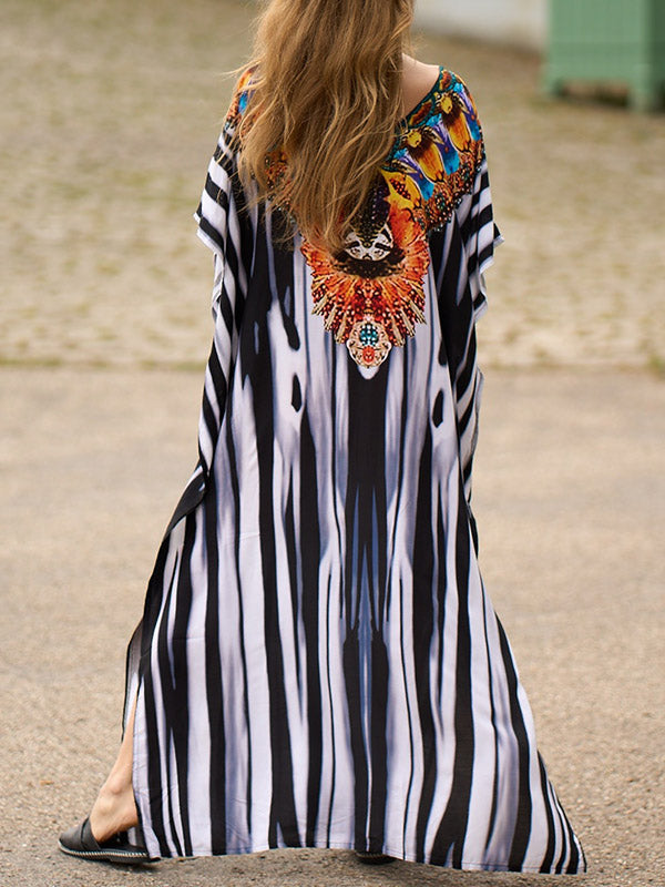 Robe longue de plage à manches chauve-souris, ample, imprimée, fendue sur le côté, rayée, col en V