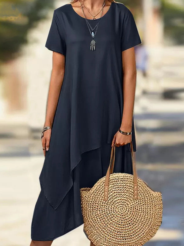 Robe mi-longue asymétrique grande taille, à manches courtes, à empiècements, à col rond, couleur unie