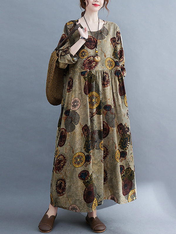 Robe longue artistique ample imprimée rétro, à manches longues, à col rond