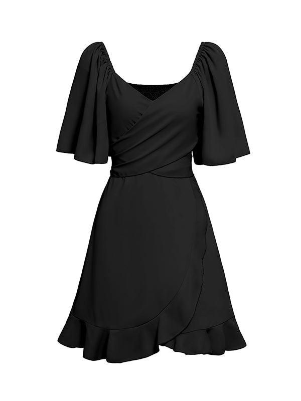 Robe courte volantée à manches évasées, à manches mi-longues, à taille élastique, à empiècements, à taille nouée, à col en V, couleur unie