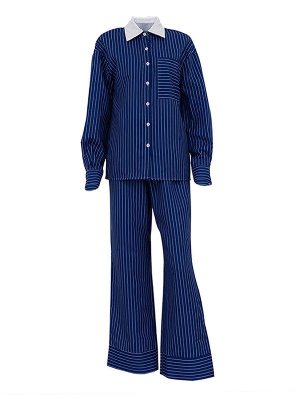 Ensemble deux pièces ample boutonné rayé à manches longues, à poches, à empiècements, à col revers – chemisier + haut + pantalon